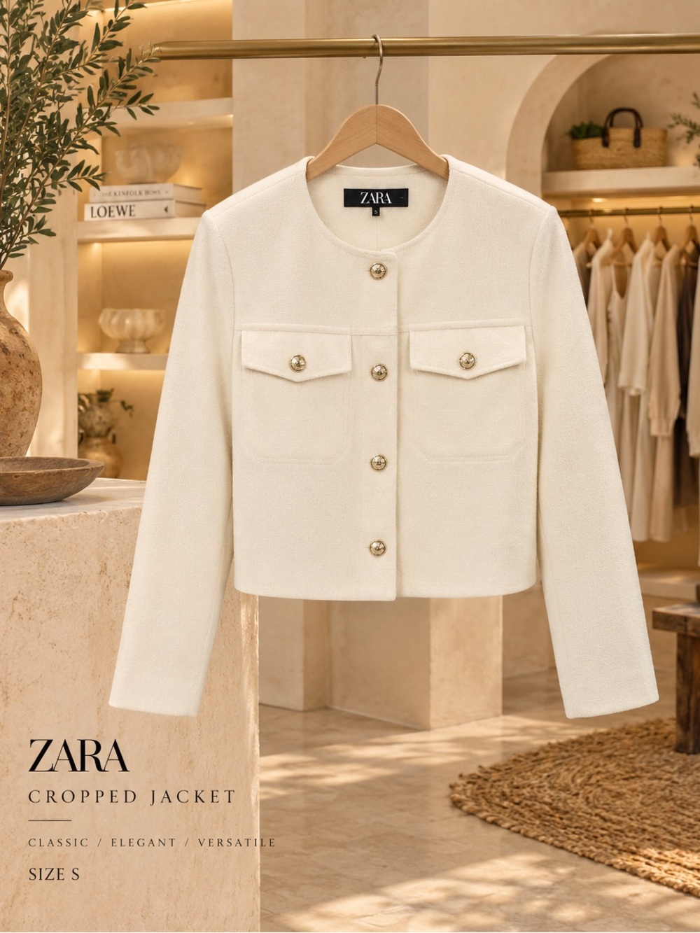 ZARA Cream Cropped Jacket with Gold Buttons Size S